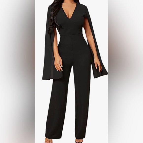 Women's Split Long Sleeve  Jumpsuit Elegant Wide Leg Long Pants Dressy - Picture 2 of 5